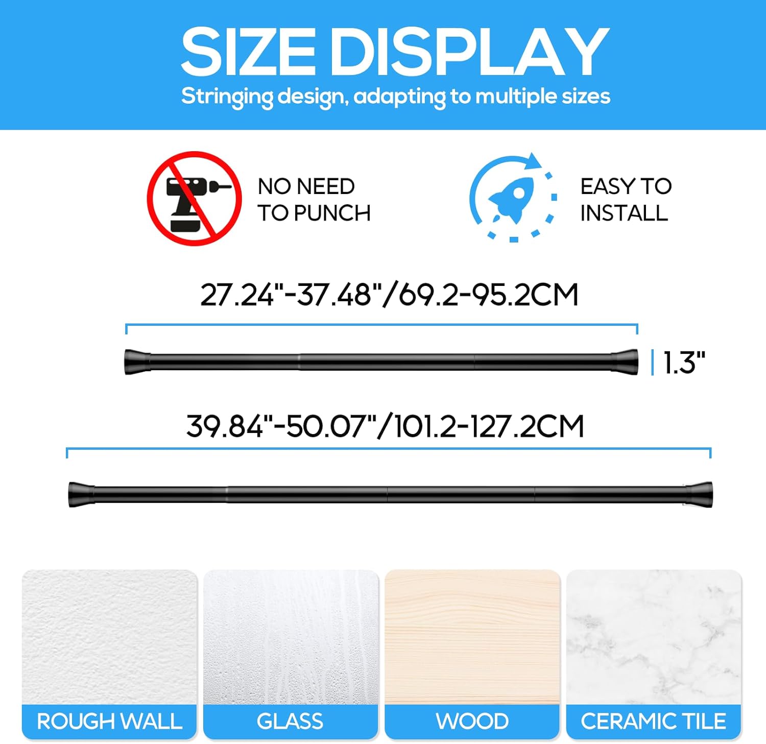 ZipGlo Black Tension Curtain Rod 28-48 Inch Adjustable No Drilling