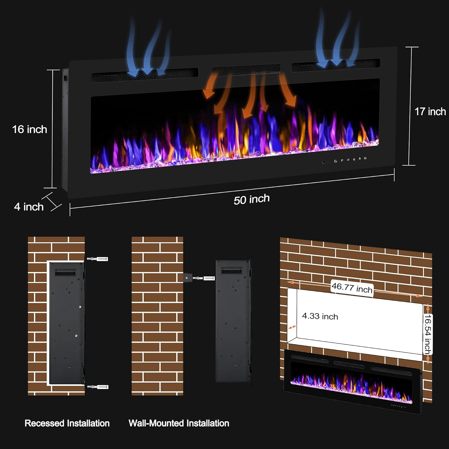 50 Inch Electric Fireplace With Remote Control and Crystal Logs