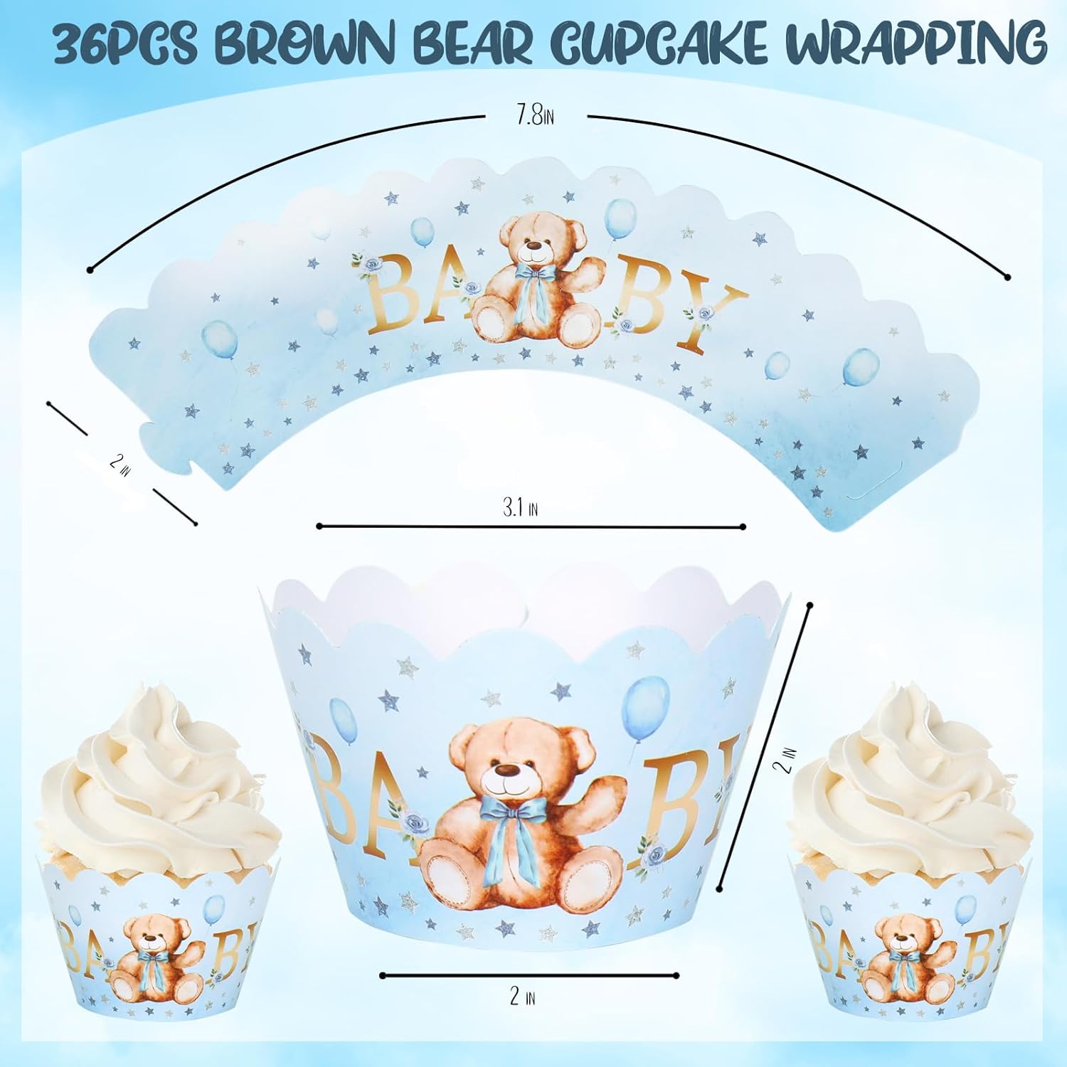 Whaline 36Pcs Blue Bear Cupcake Wrappers Baking Liners