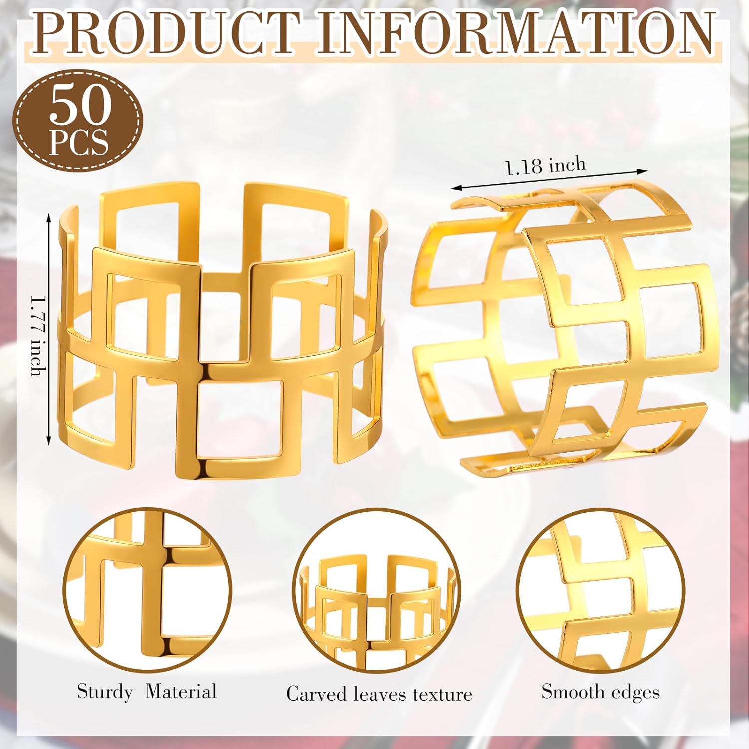 Sliner 50 Pcs Gold Napkin Rings for Parties and Events