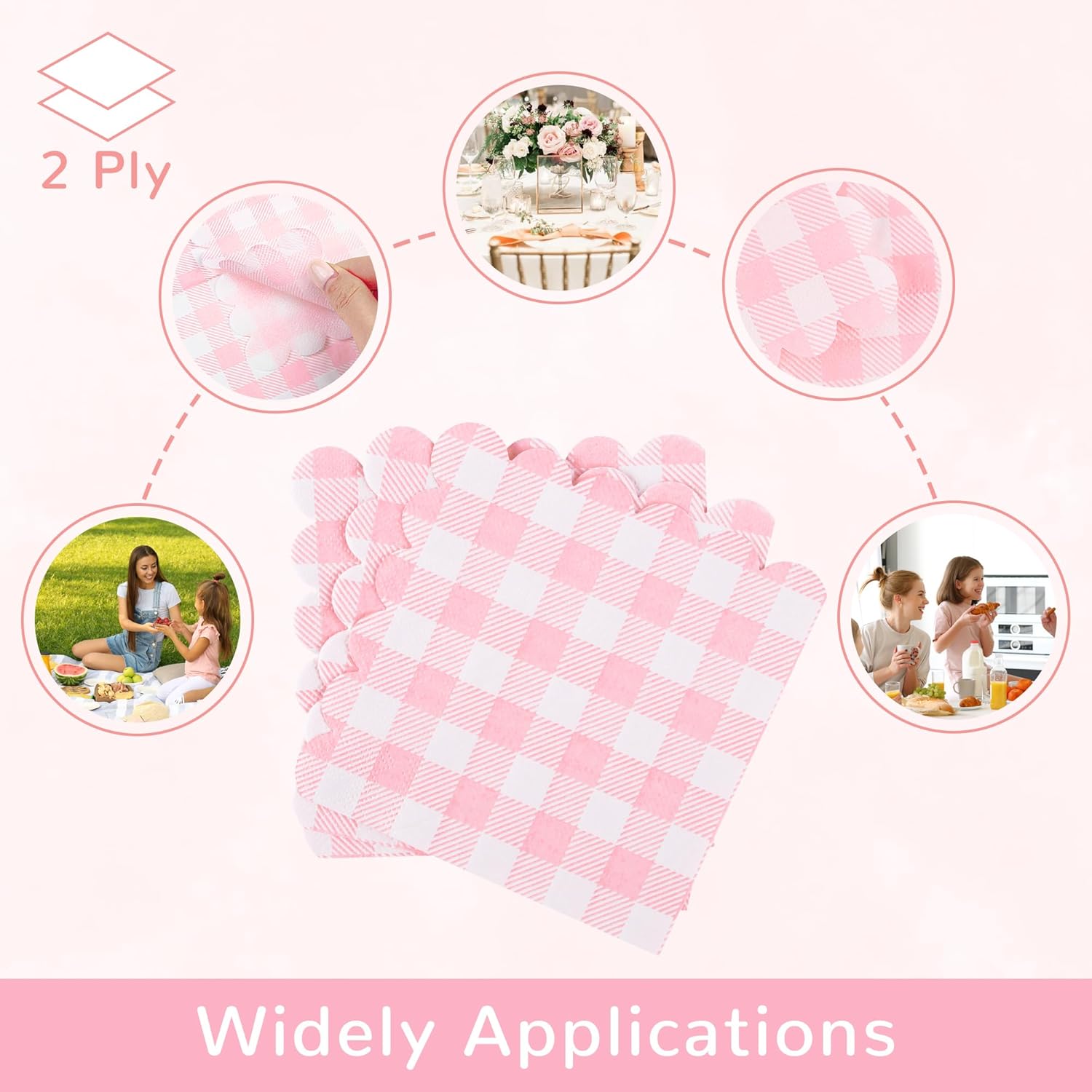 100 Pcs Pink Gingham Cocktail Napkins 5x5 Inches Scalloped