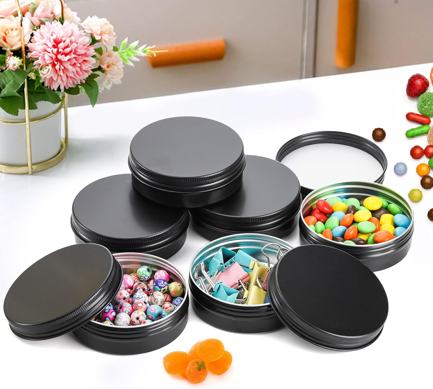 Foraineam 48 Pack 4 Oz Screw Lid Black Metal Cans