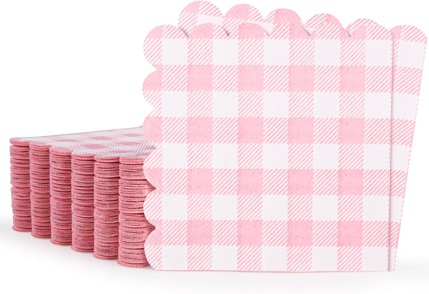 100 Pcs Pink Gingham Cocktail Napkins 5x5 Inches Scalloped