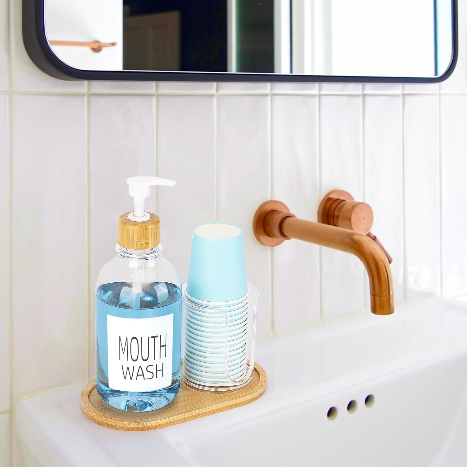 Bamboo Mouthwash Dispenser with Cup Holder and Tray