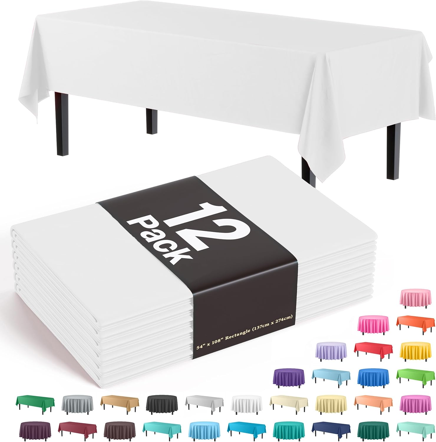 Exquisite 12-Pack White Plastic Tablecloth 54x108 Inch Rectangle
