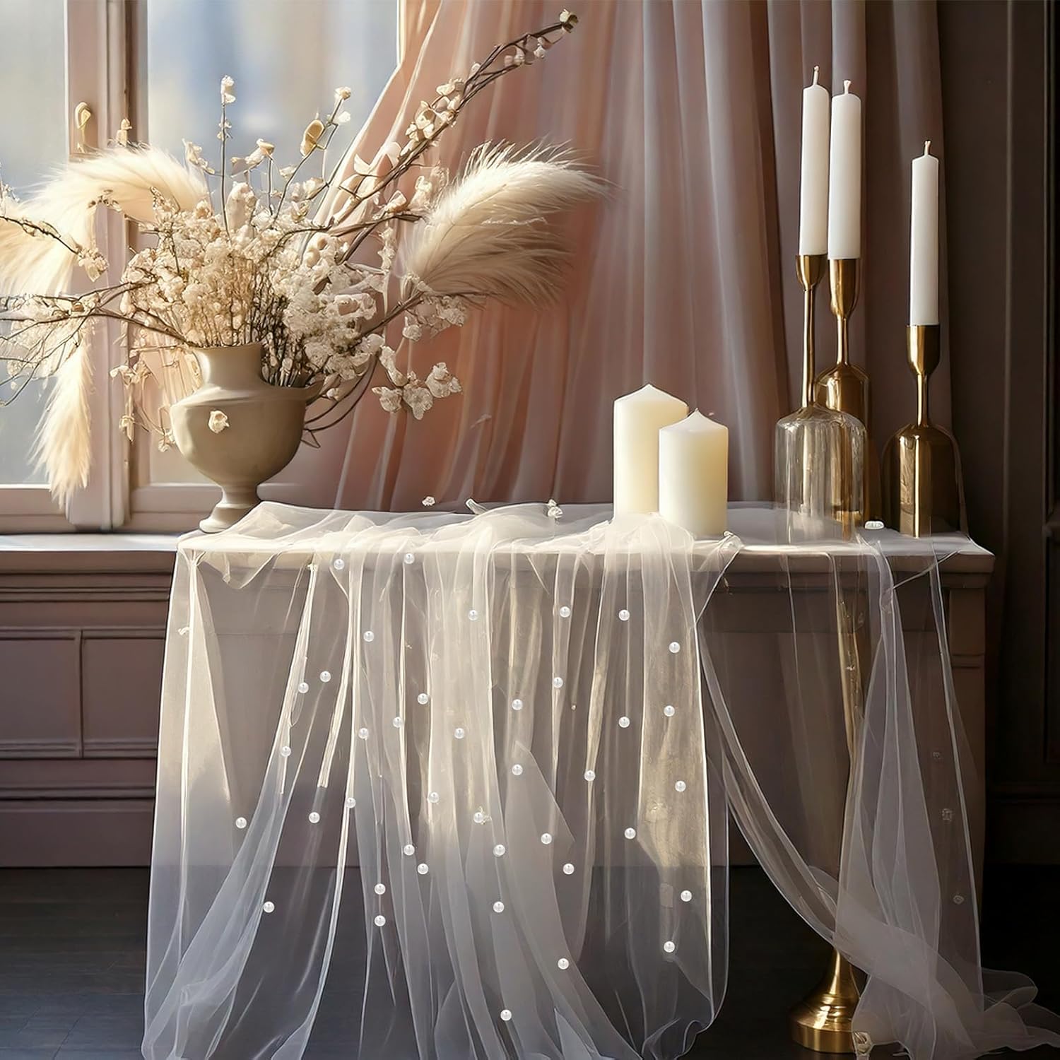 White Pearl Tulle Wedding Table Runner 118x28 Inches