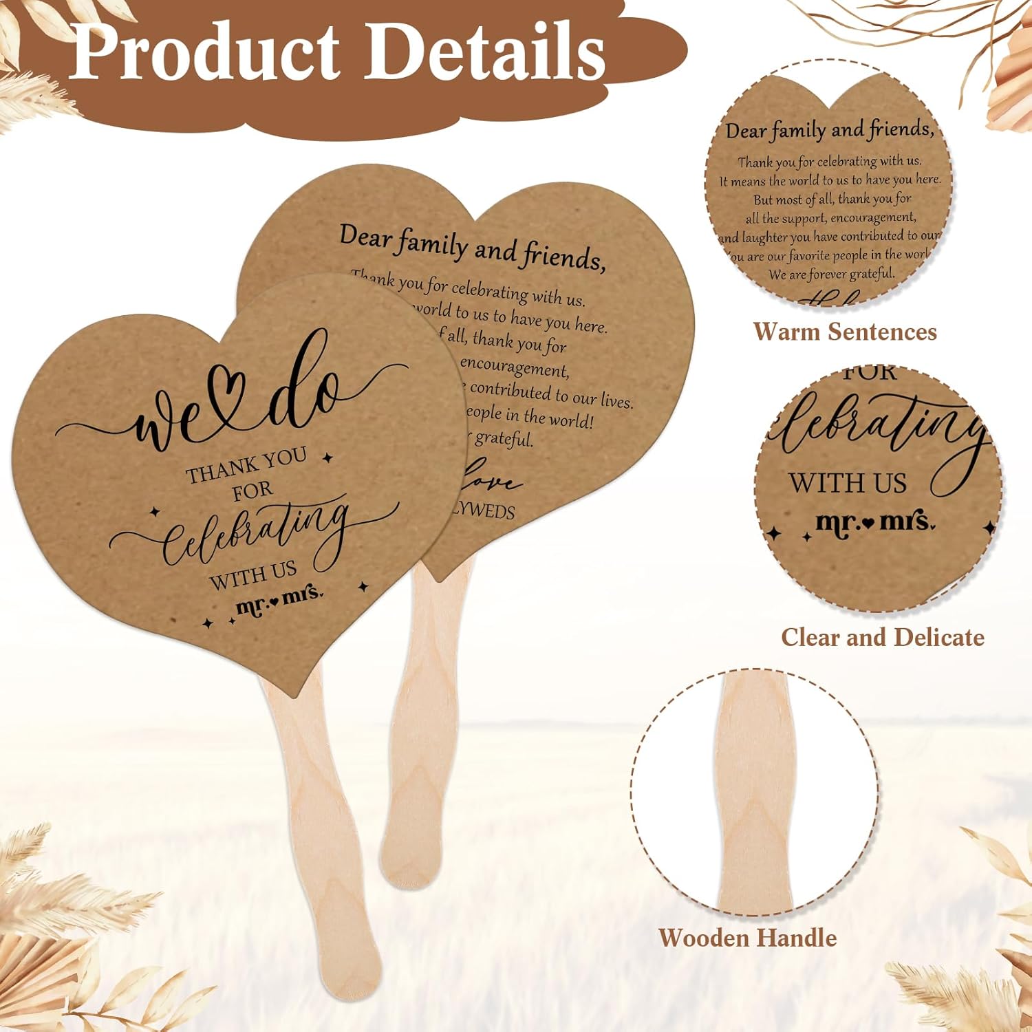 51 Pcs Brown Wedding Fans with Handle and Table Sign