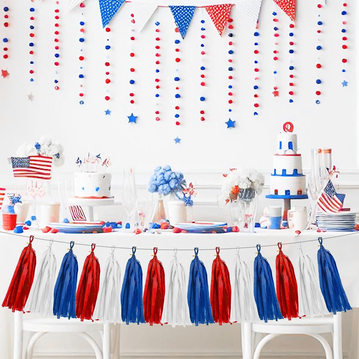 Red White Blue Party Decorations 15Pcs Tissue Paper Tassel Garland