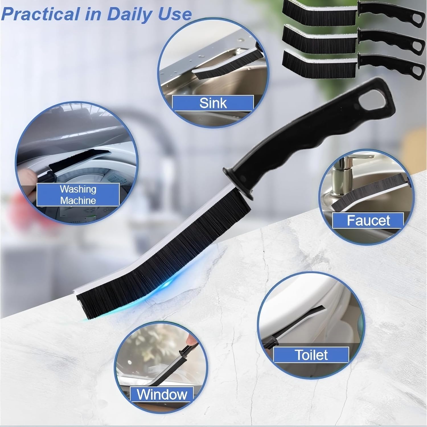 Crevice Cleaning Brush Set 3 Pcs - Stiff Bristle for Bathroom Kitchen Windows