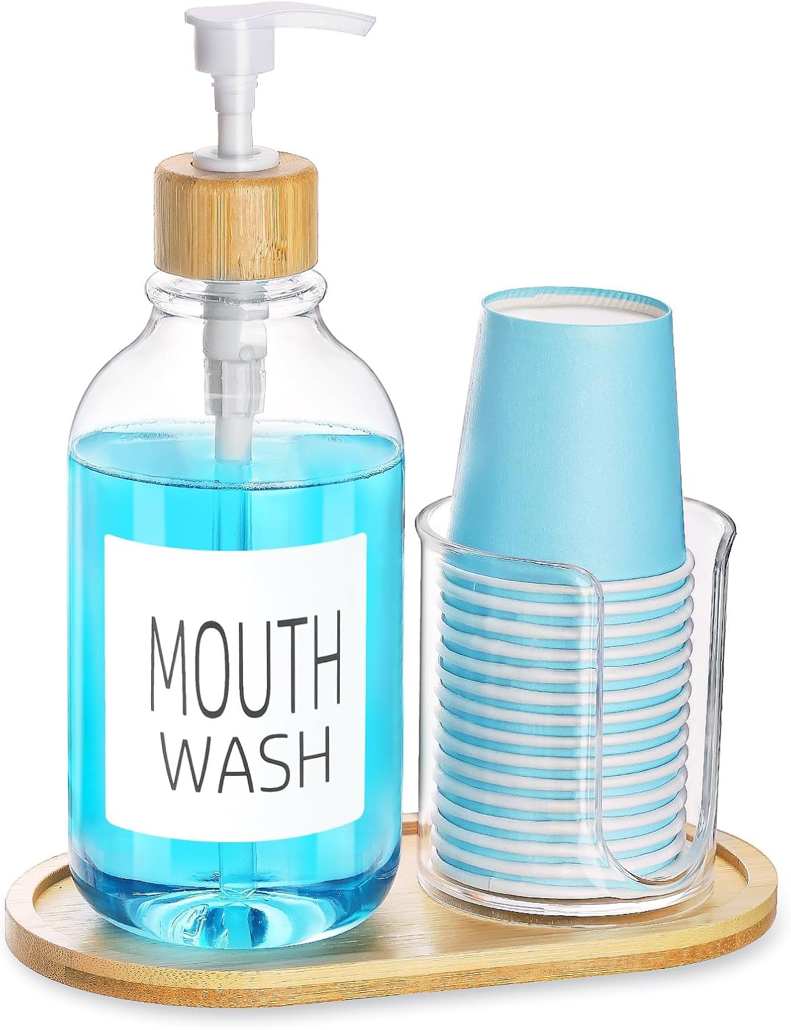 Bamboo Mouthwash Dispenser with Cup Holder and Tray