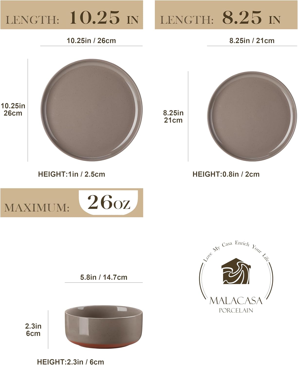 MALACASA 18 Piece Dinnerware Set Tara Brown Modern Ceramic Plates Bowls