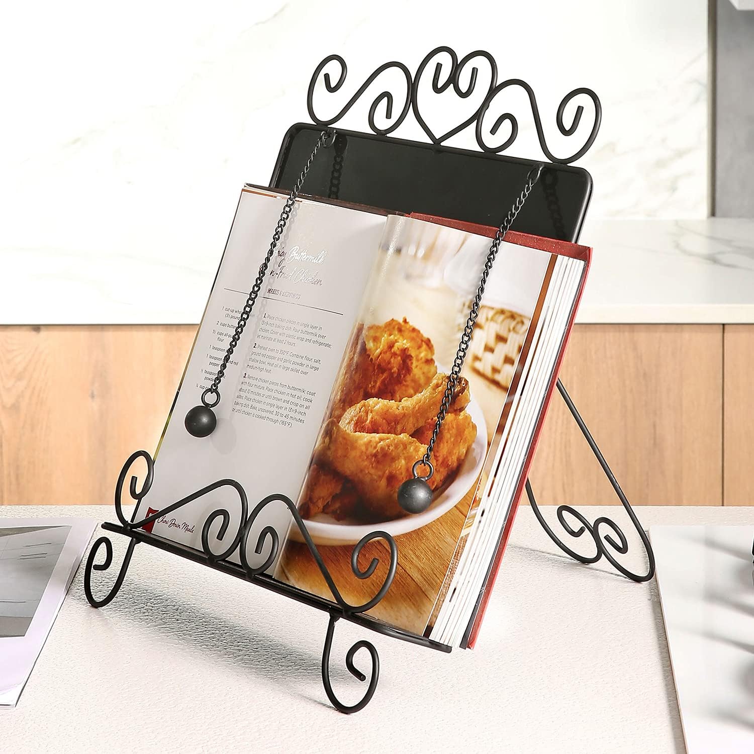 MyGift Black Metal Cookbook Stand with Heart Design