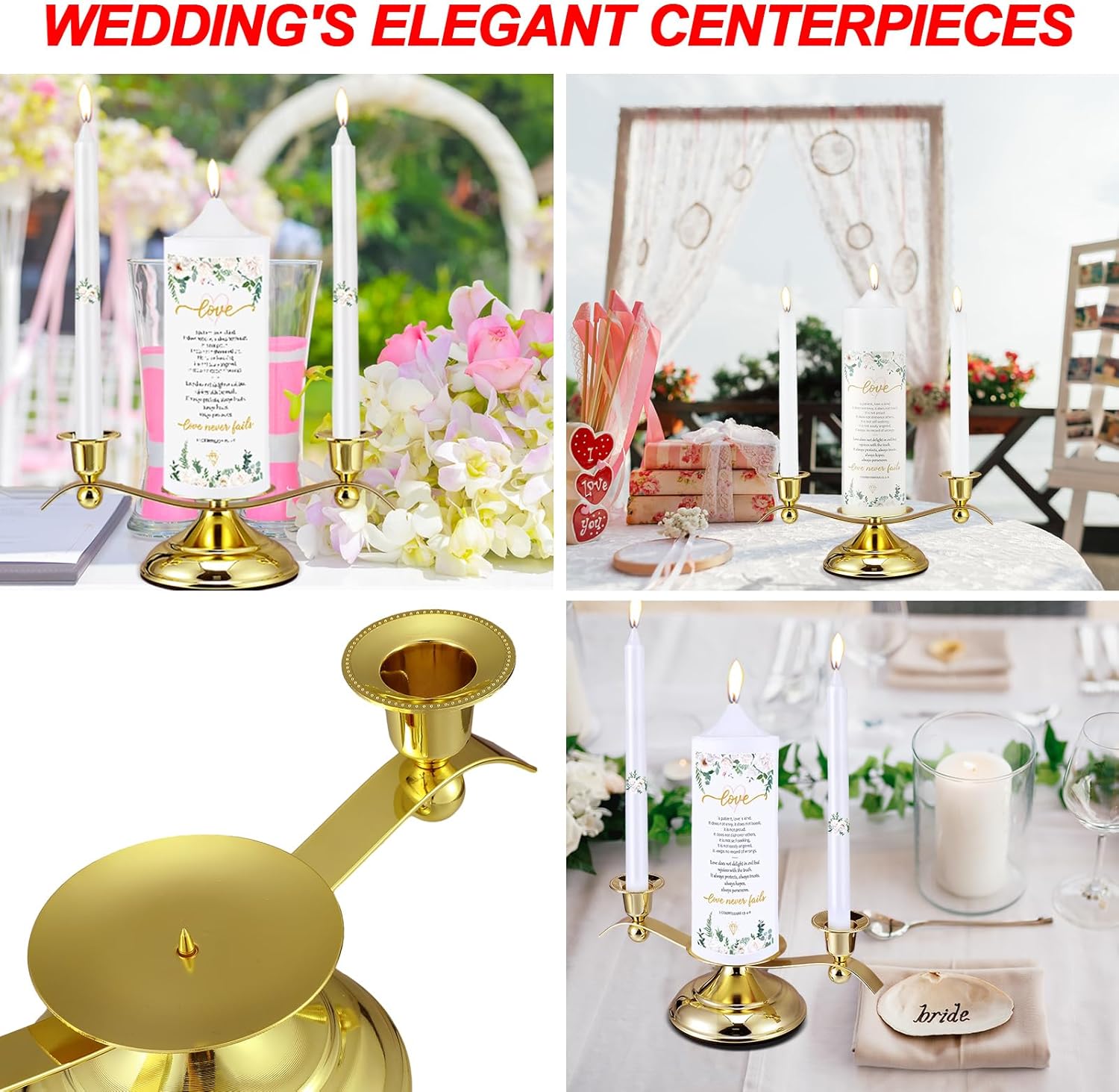 Landhoow 3 Unity Floral Candles Wedding Set with Gold Holder