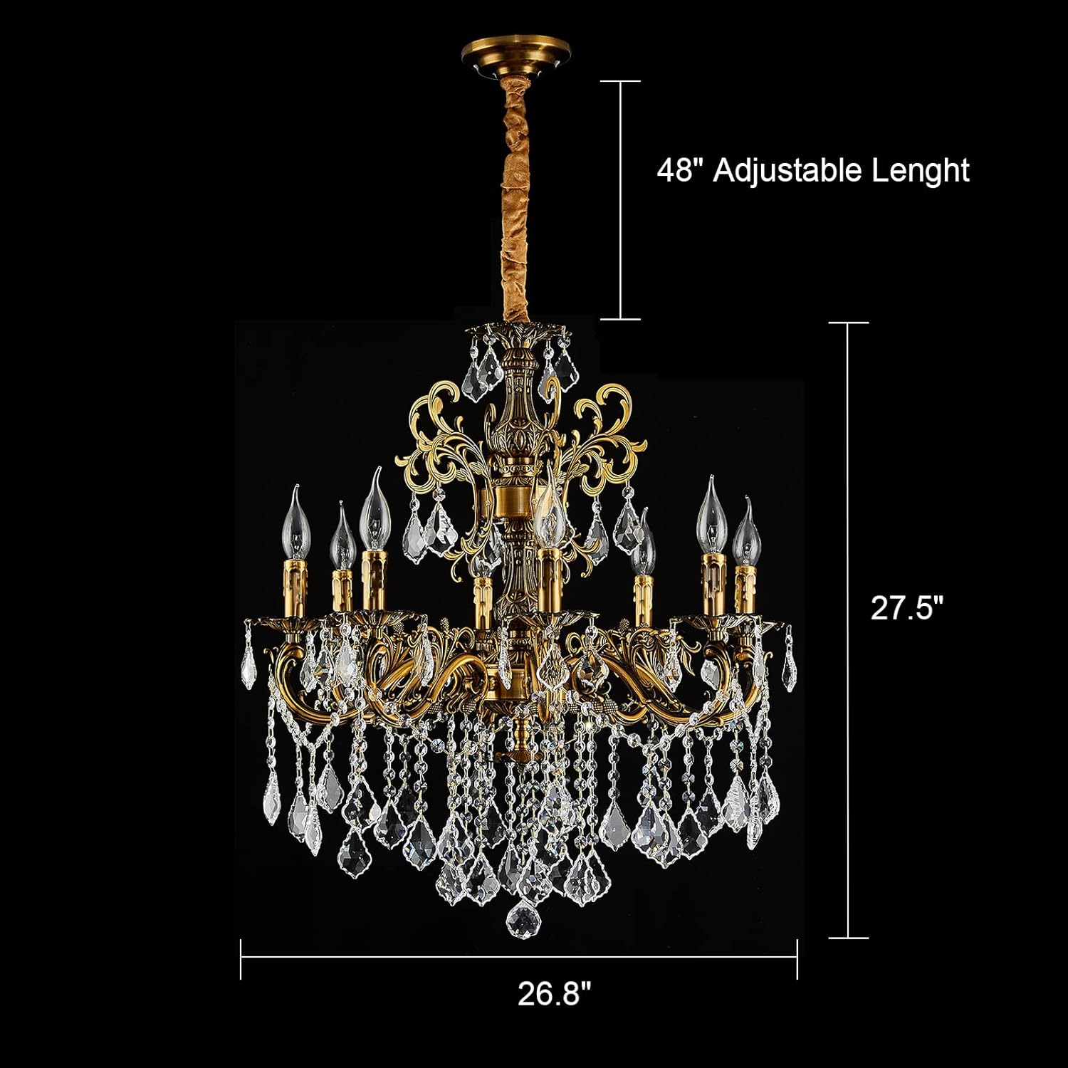 8 Light Candle-Style Crystal Chandelier with Antique Gold Finish