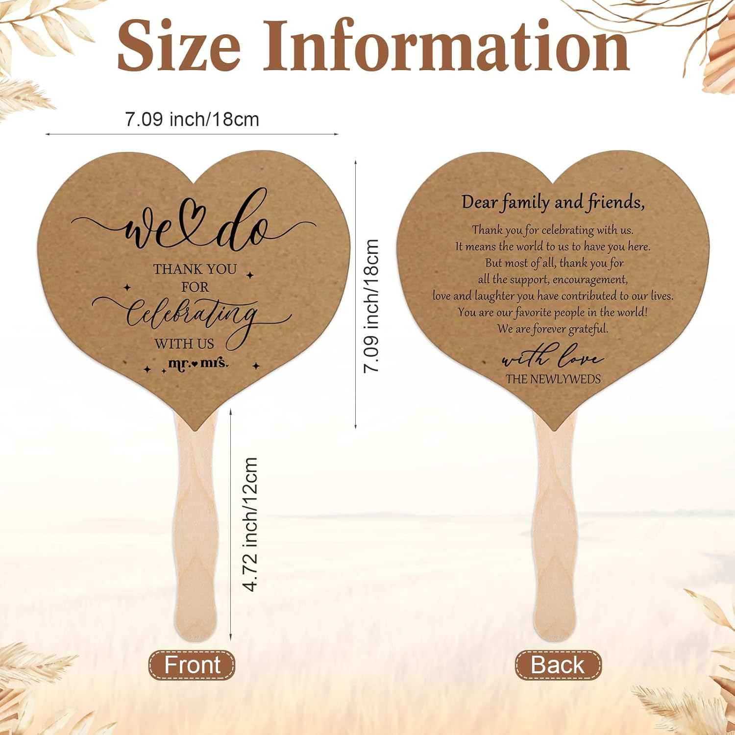 51 Pcs Brown Wedding Fans with Handle and Table Sign