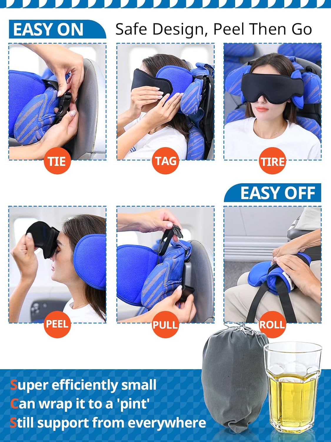 Sarisun Travel Pillow with Eye Mask and Head Strap - Black