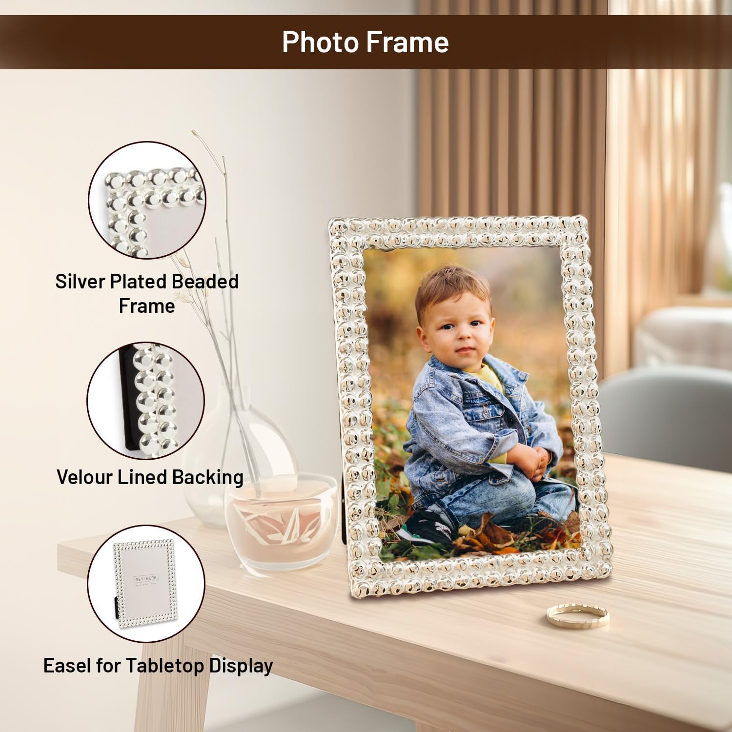 Bey-Berk Chelsea Silver-Plated Picture Frame 5x7 Beaded Design