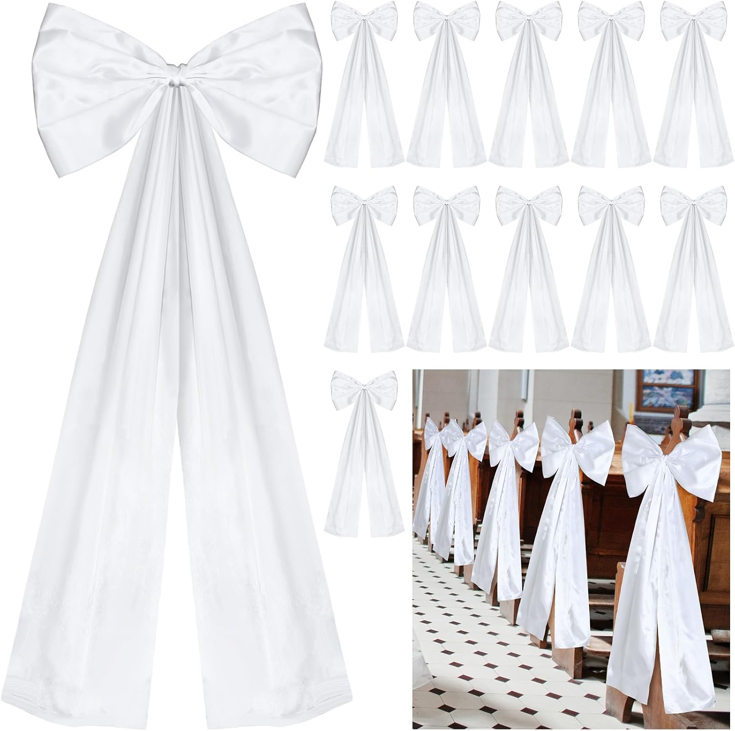 12 Pack White Wedding Pew Bows with Long Tails