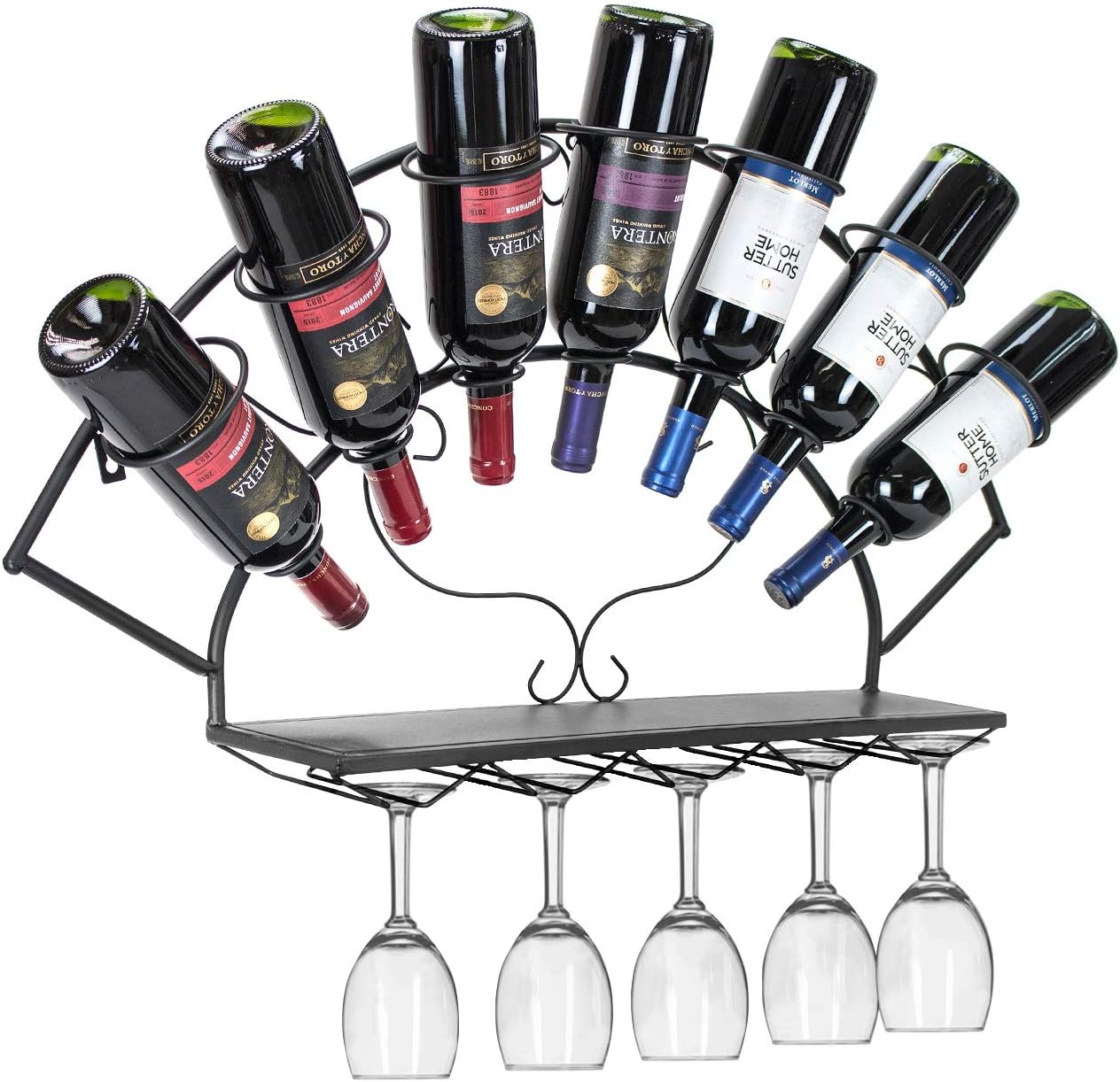 Sorbus Wall Mounted Wine Rack - Holds 7 Bottles and 5 Glasses - Black