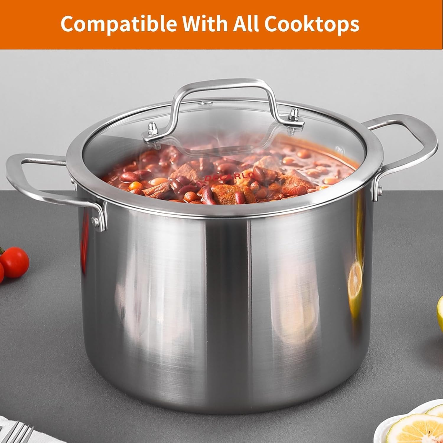 DELARLO Tri-Ply Stainless Steel 12QT Stock Pot with Lid