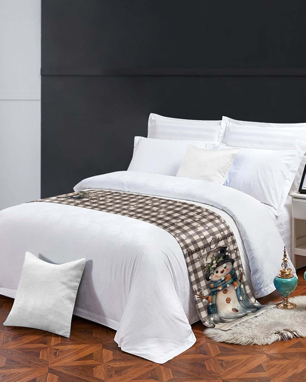 Homechoid Buffalo Plaid Snowman Bed Runner for King Size Bed
