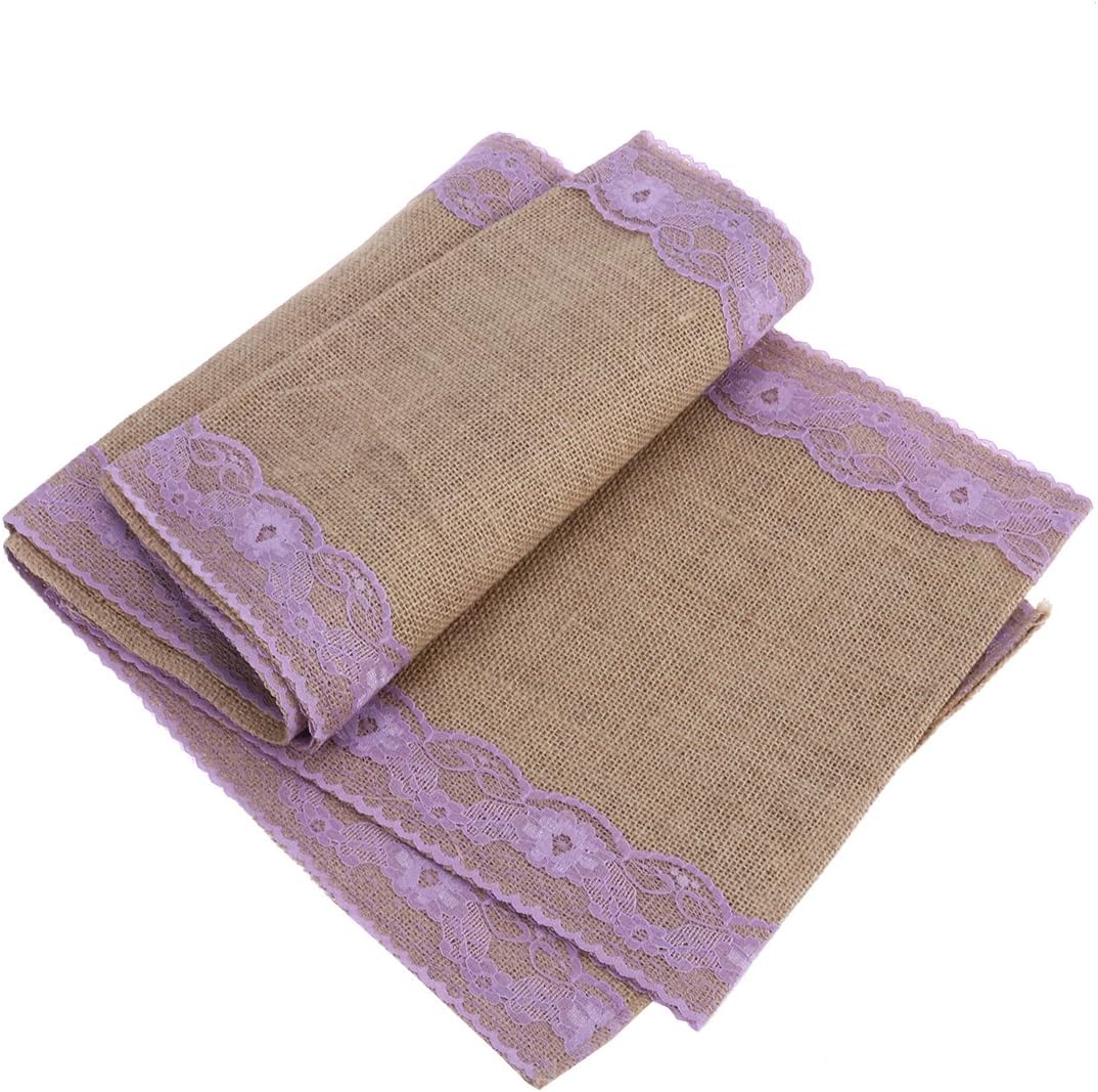 Rustic Brown Linen Table Runner with Purple Lace Design