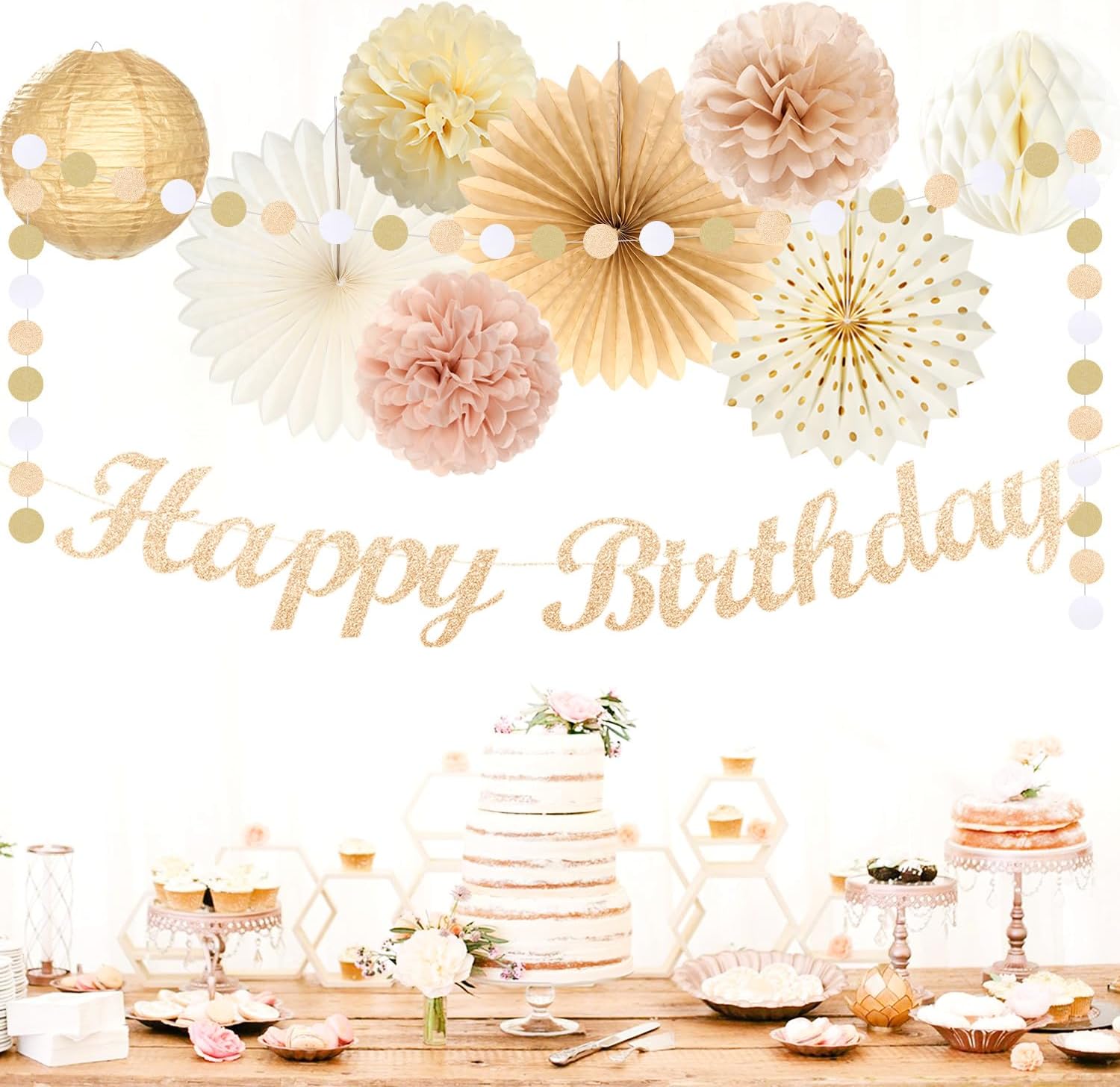 Champagne Gold Beige Fall Boho Birthday Decor Kit 21pcs