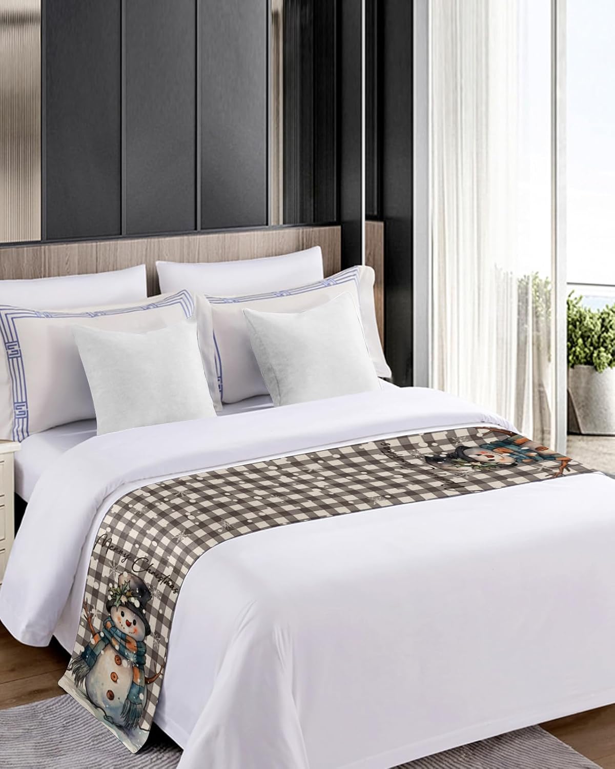 Homechoid Buffalo Plaid Snowman Bed Runner for King Size Bed