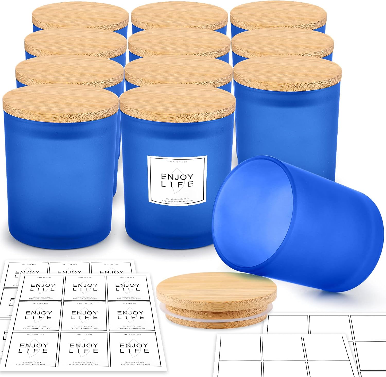 GOTIDEAL 12 Pack 9 OZ Frosted Blue Candle Jars with Bamboo Lids