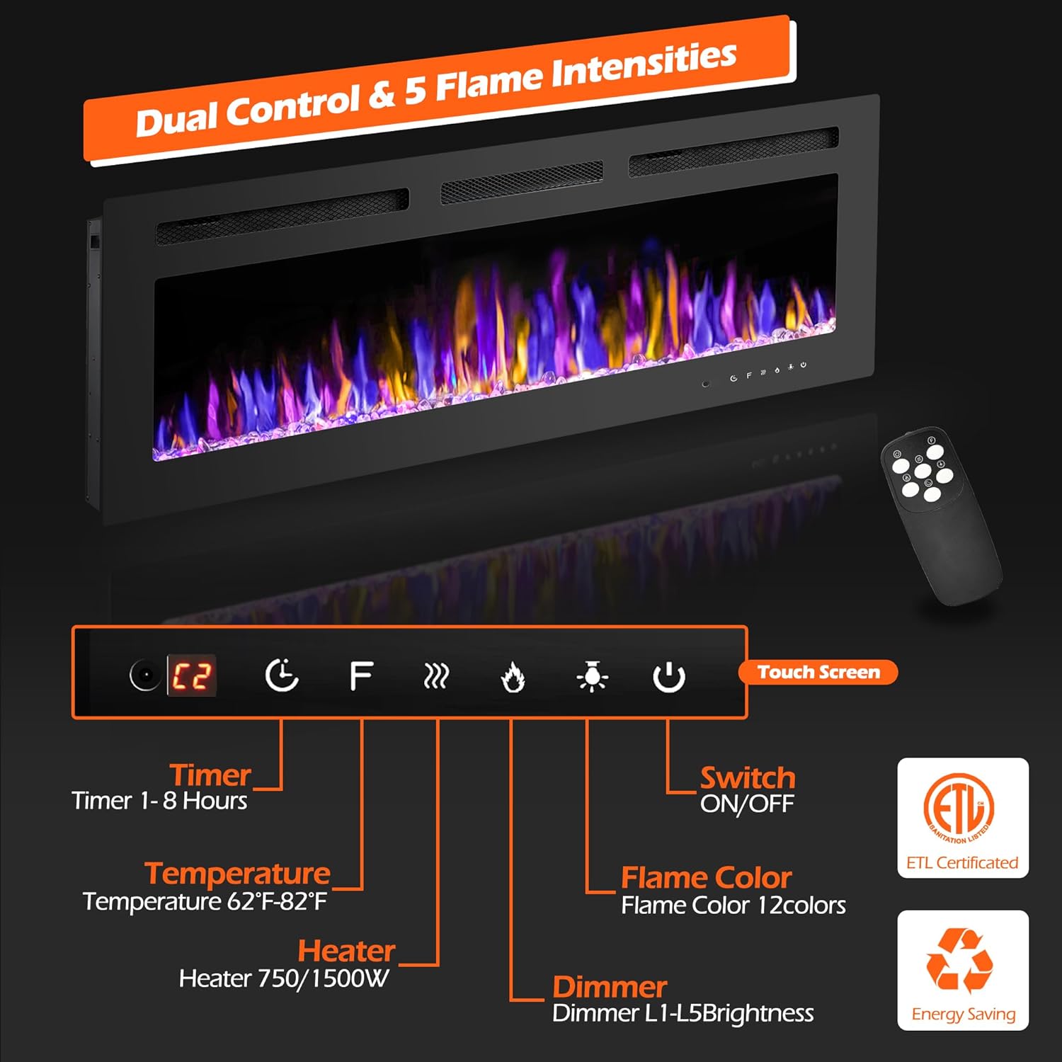 50 Inch Electric Fireplace With Remote Control and Crystal Logs
