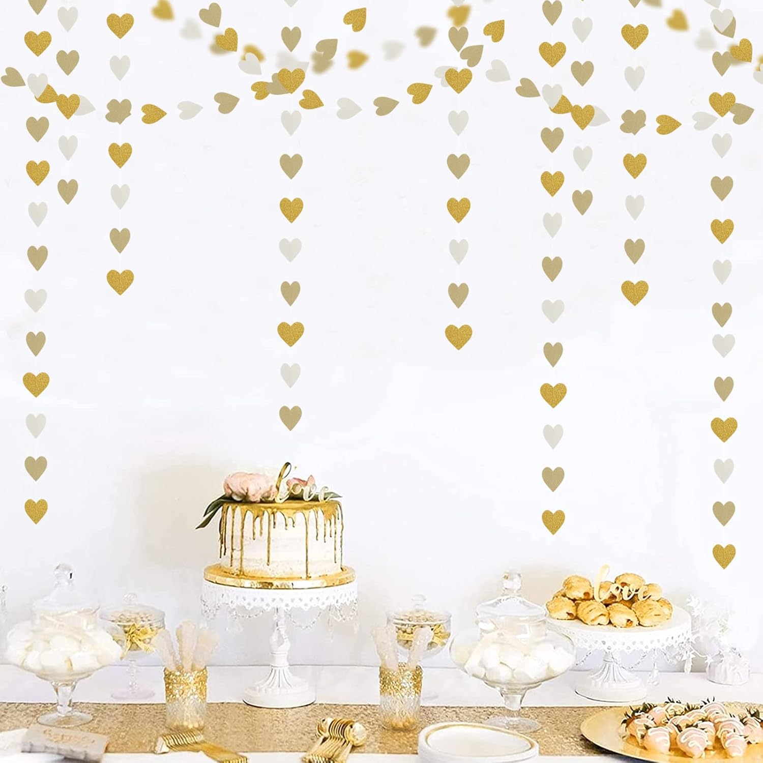 White Gold Champagne Garland Streamers 52ft Heart Decor Banners