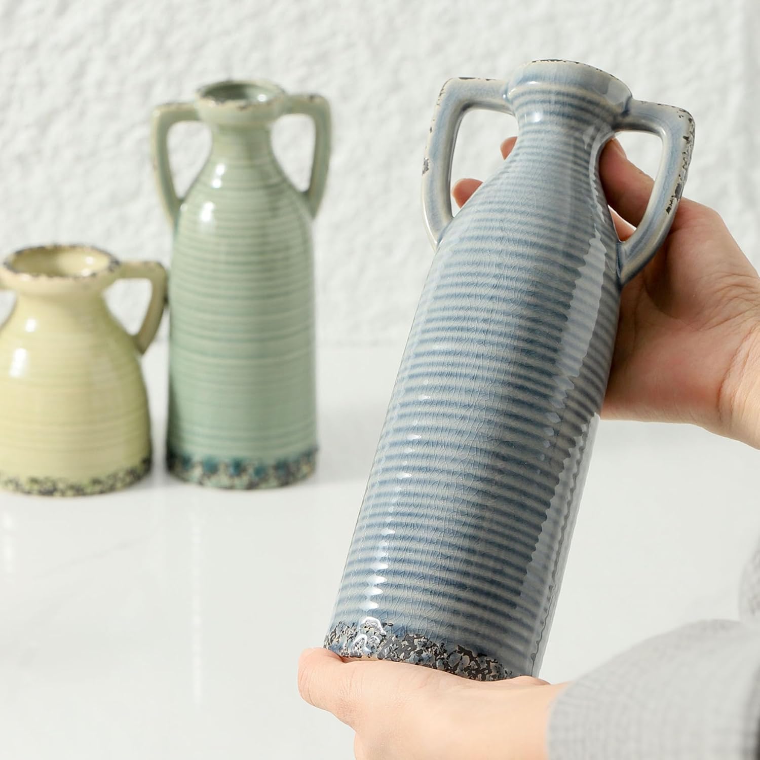 Lyeec Ceramic Vase Set of 3 with Handles