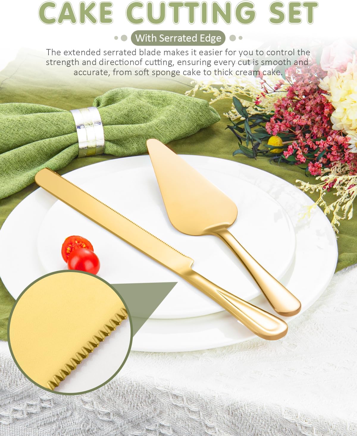FTAKRY 13-Inch Cake Cutting Set with Server Gold