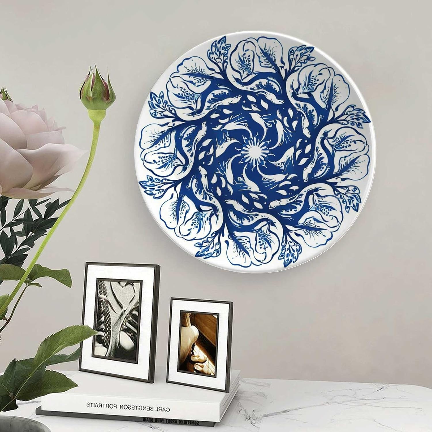 Blue and White Leaf Decoration Bone China Plate with Stand