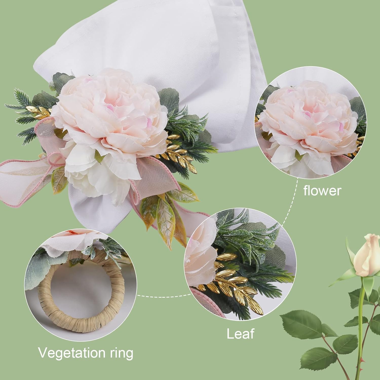 Flower Rose Napkin Rings Set of 4 - Handmade Decor