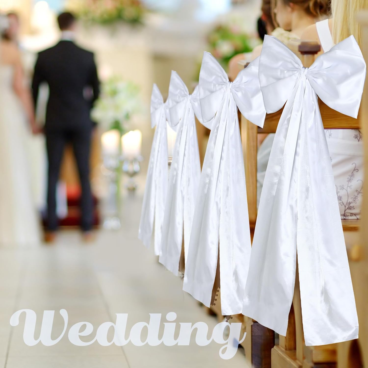 12 Pack White Wedding Pew Bows with Long Tails