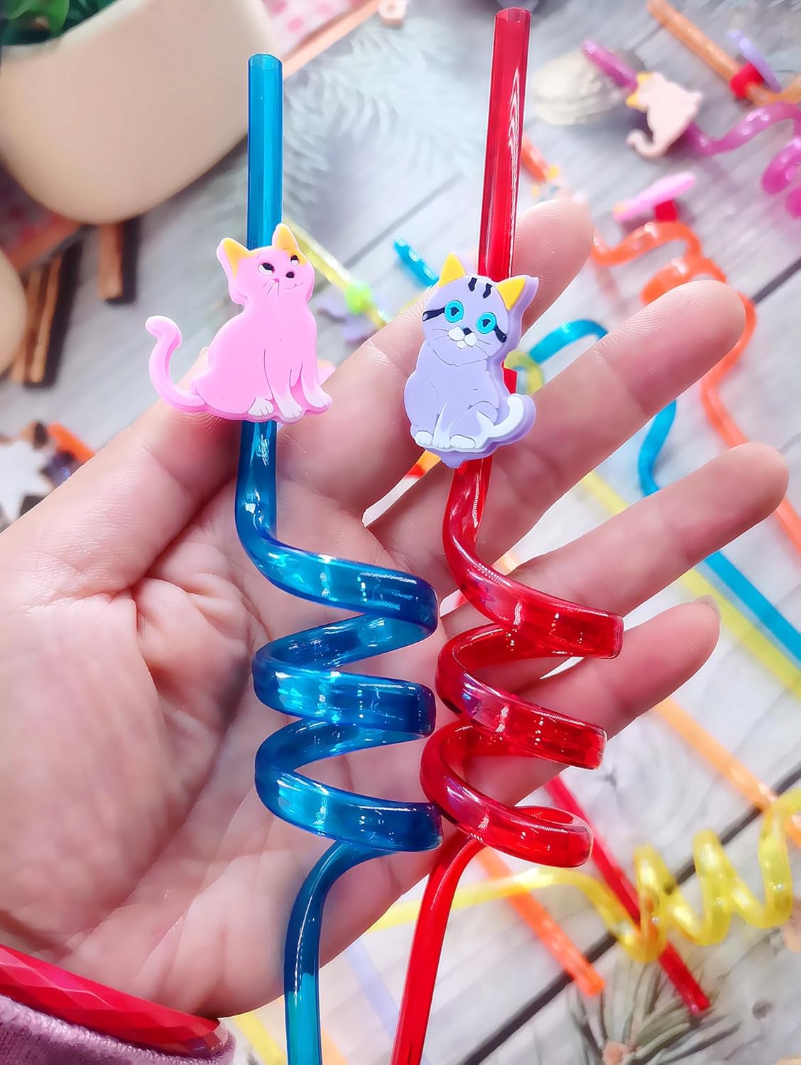 24 Pack Cat Pattern Reusable Plastic Straws for Parties