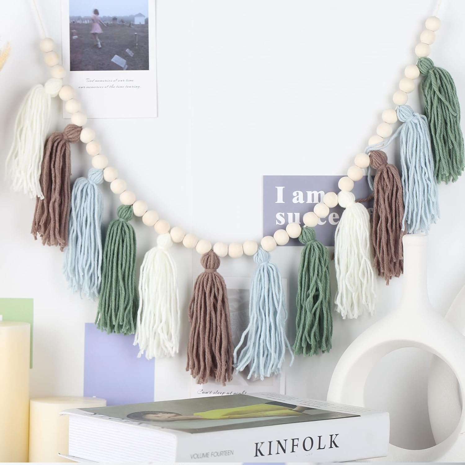 Light Green Tassel Garland with Wood Beads Boho Decor