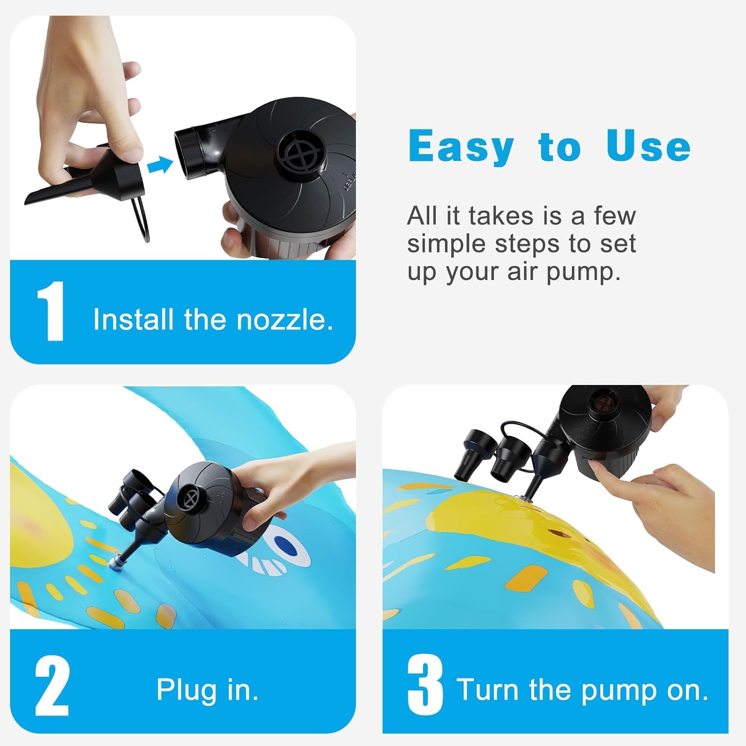 Electric Air Pump with 3 Nozzles for Inflatable Mattresses and More