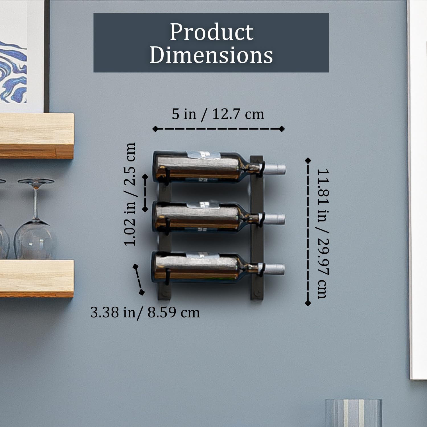 3-Bottle Black Metal Wall Wine Rack - Modern Industrial Design