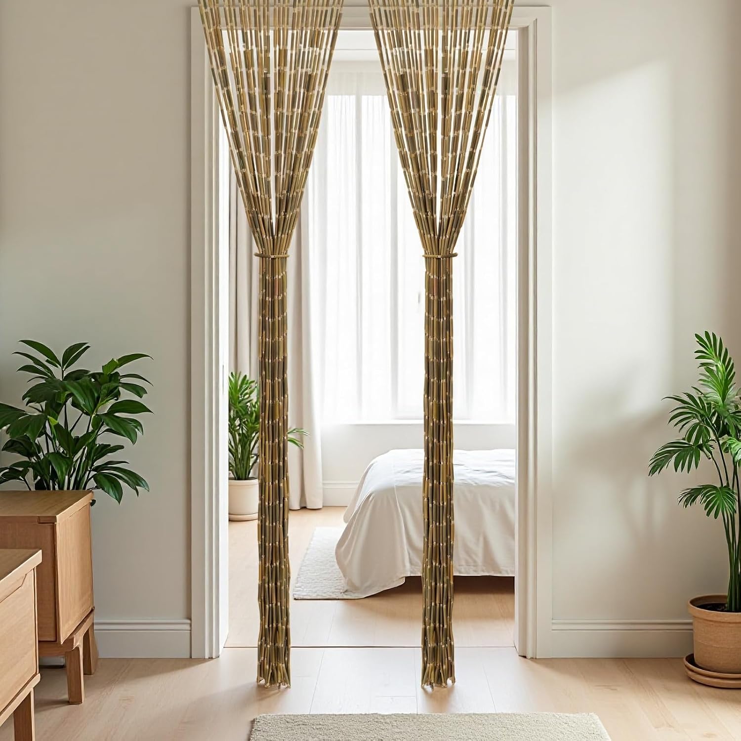Bamboo Beaded Curtain 355 x 75 52 Strands Boho Door Divider