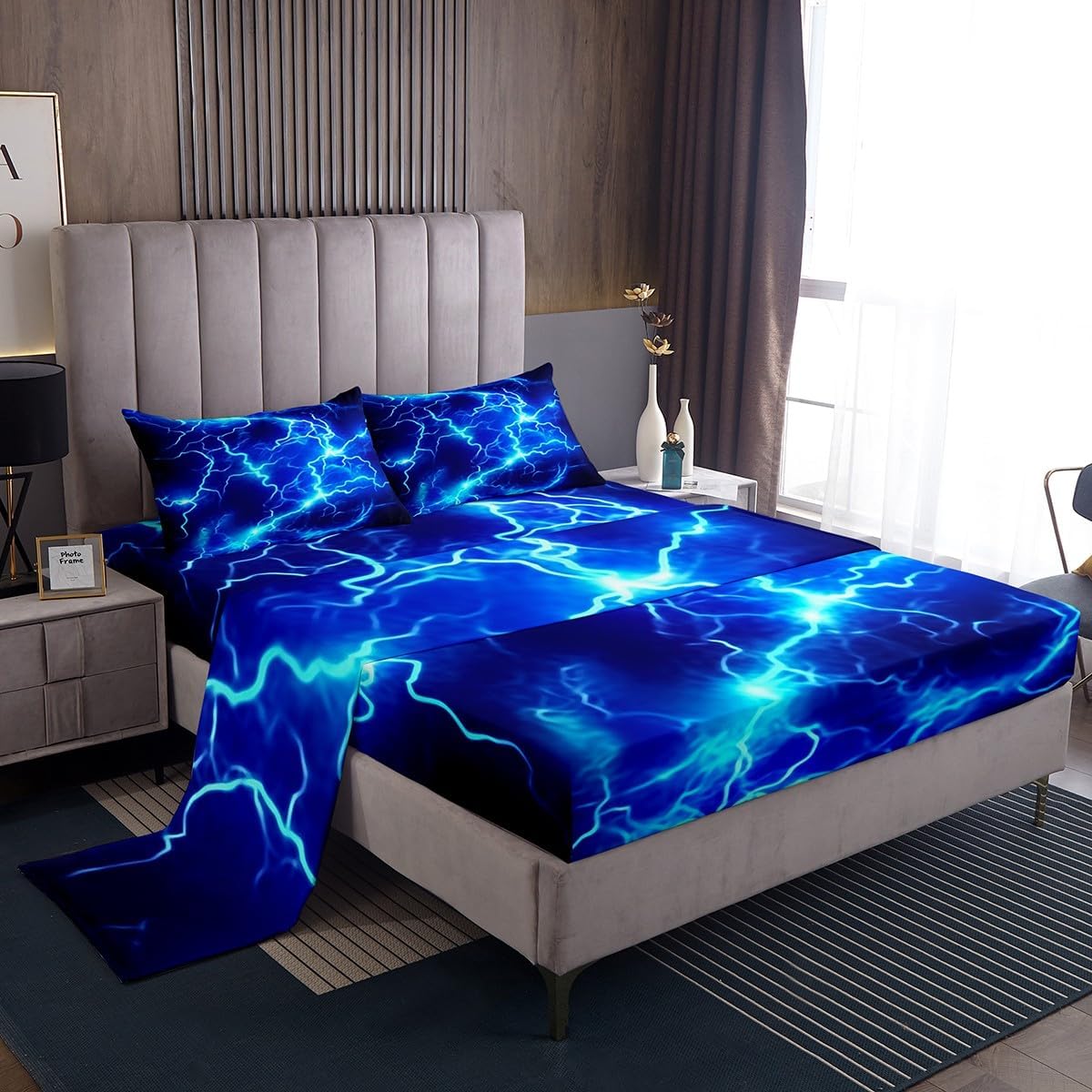 Feelyou Kids Toddler Blue Lightning Bed Sheet Set with Deep Pocket