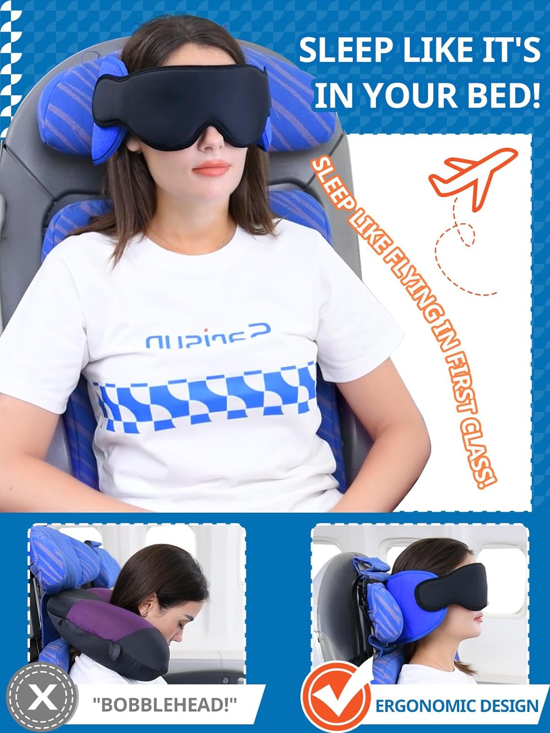 Sarisun Travel Pillow with Eye Mask and Head Strap - Black
