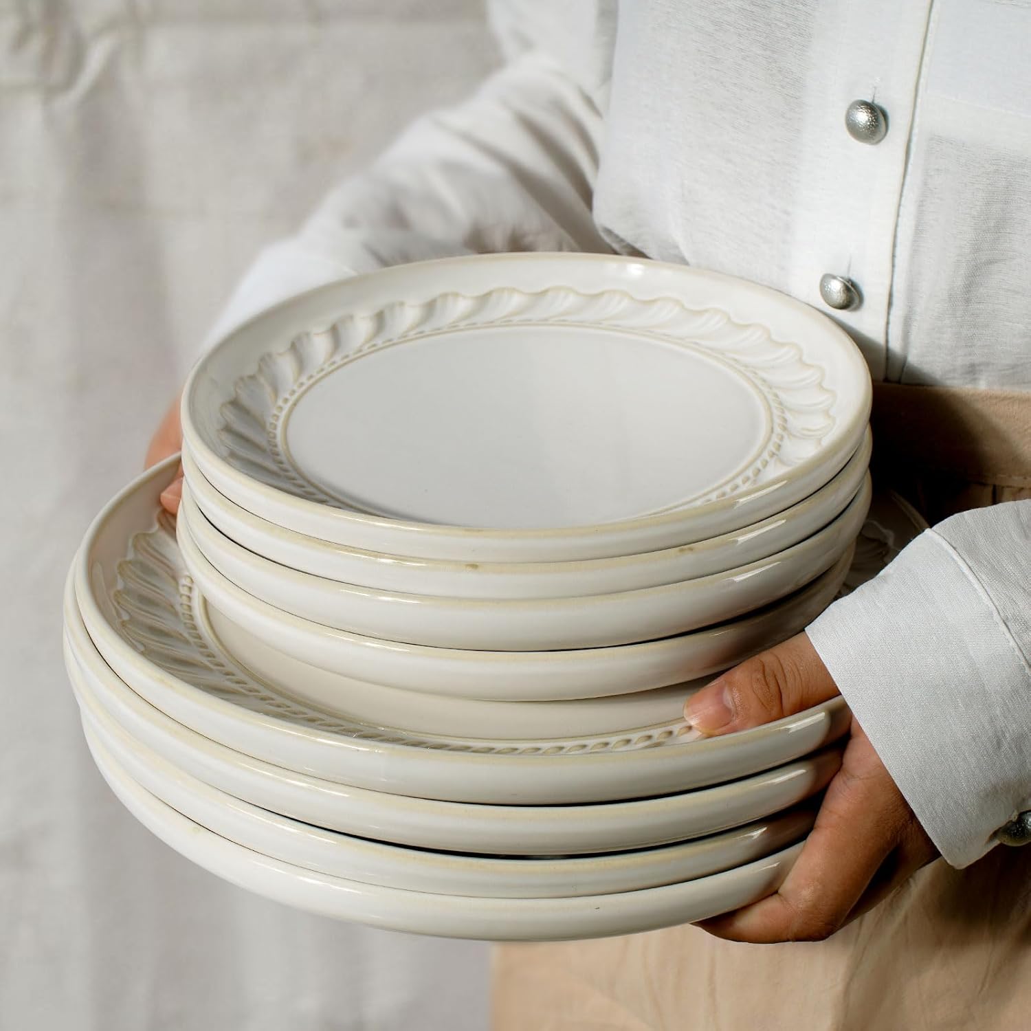 Artena Large Ceramic Dinner Plates Set Of 4 Willow Leaf