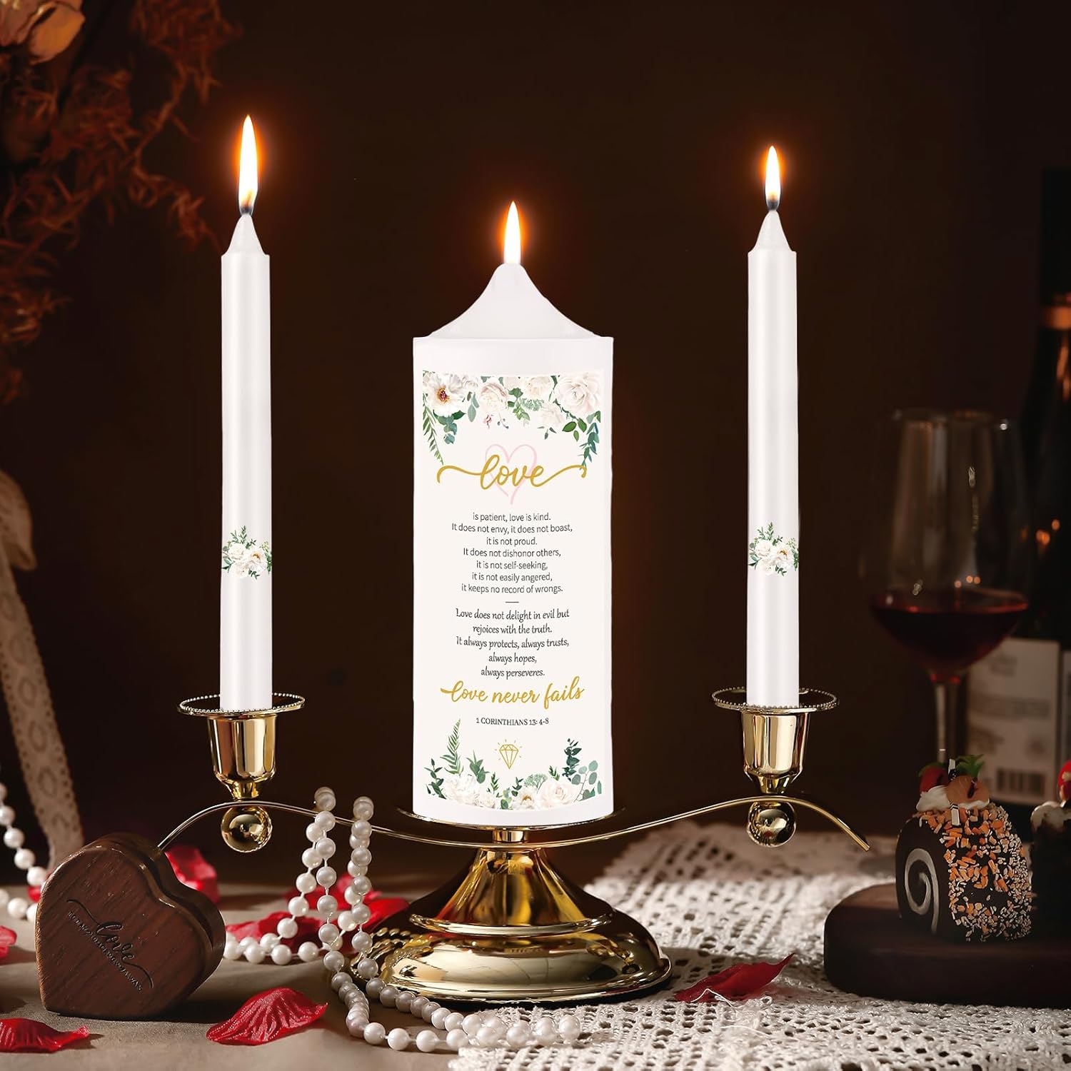 Landhoow 3 Unity Floral Candles Wedding Set with Gold Holder
