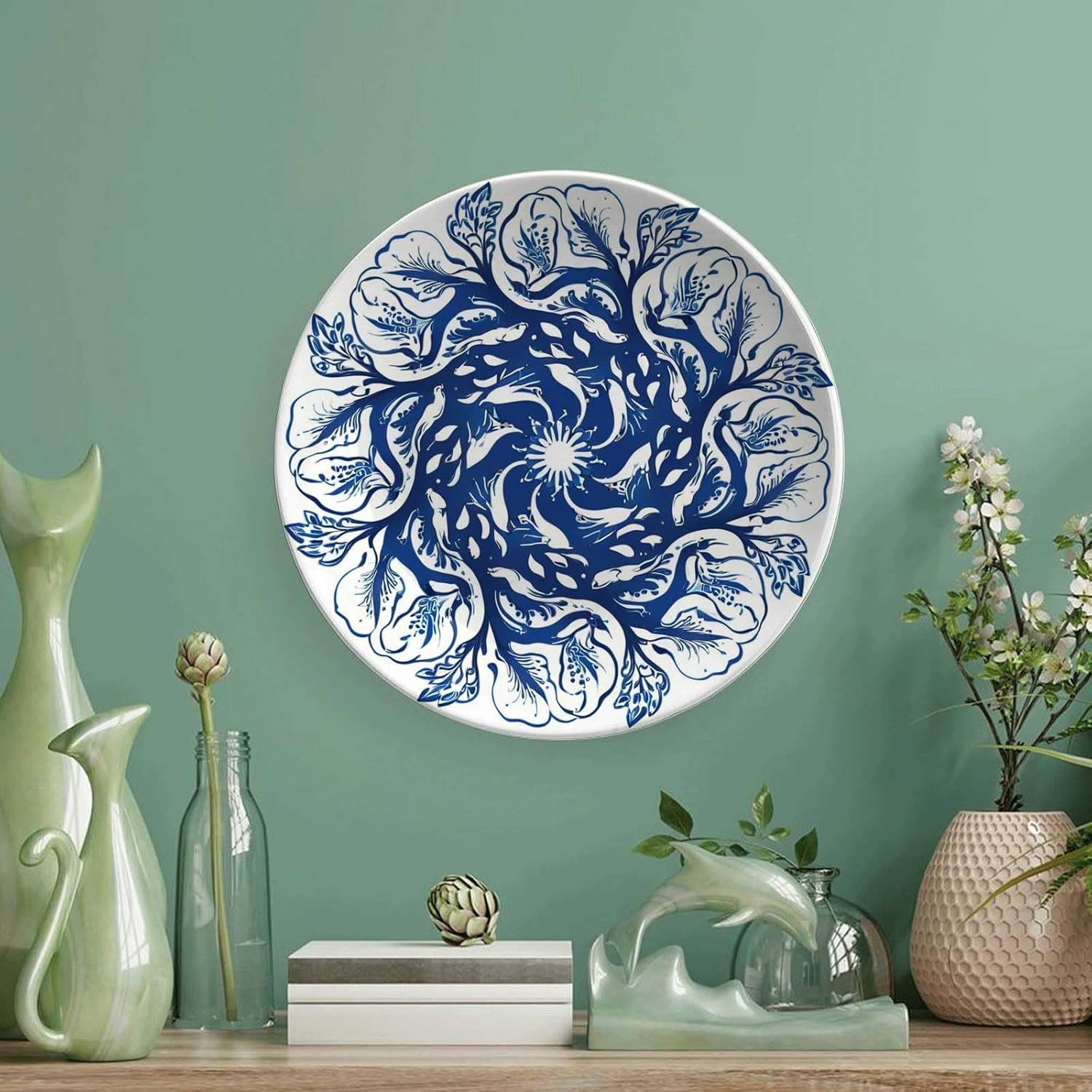 Blue and White Leaf Decoration Bone China Plate with Stand