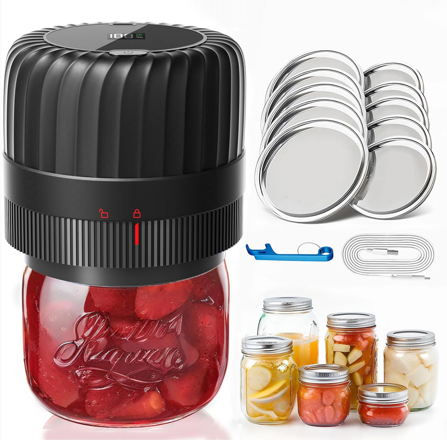 Electric Mason Jar Vacuum Sealer Kit with 10 Jar Lids