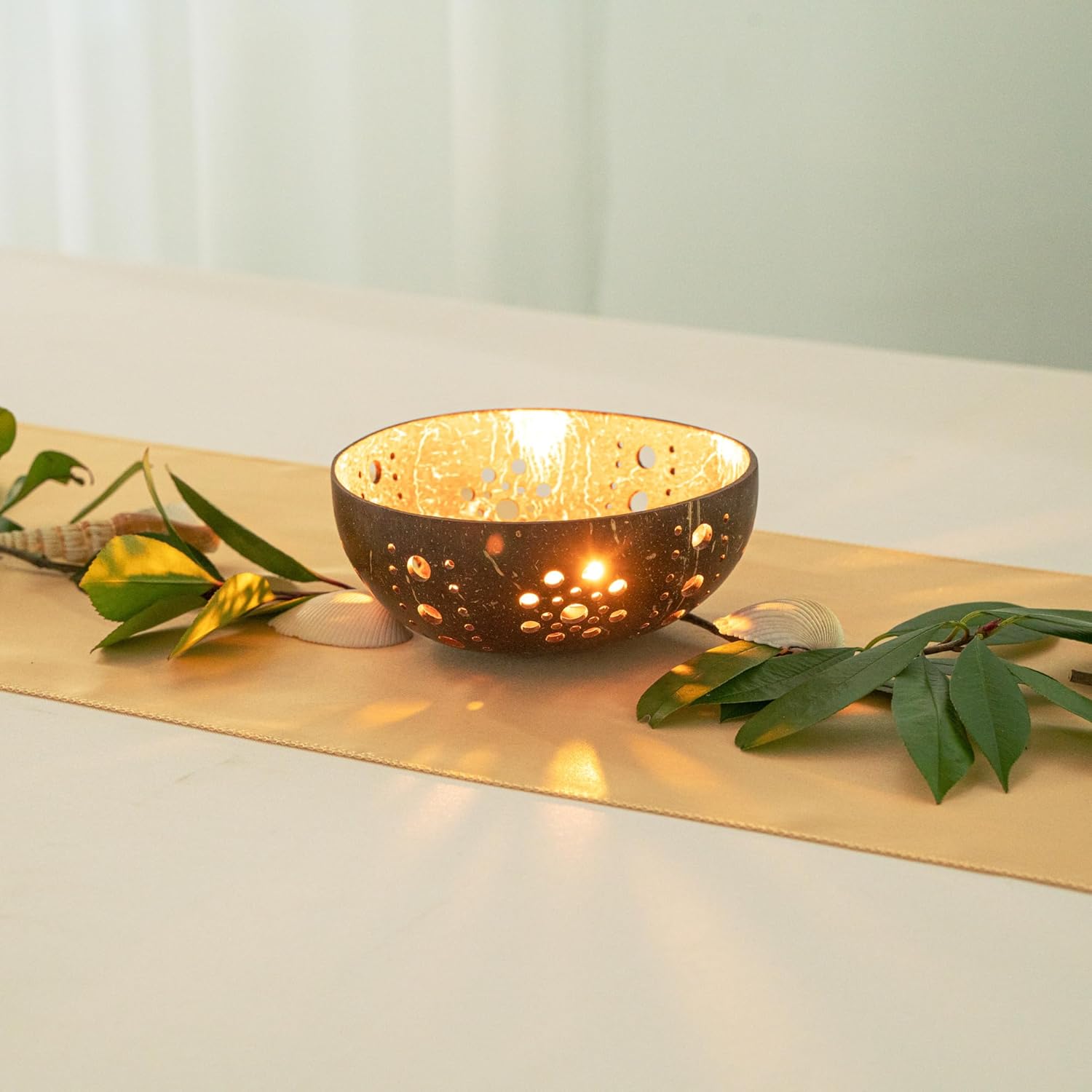 Restaurantware Coco Casa Coconut Shell Candle Holder Sun Pattern Handcrafted