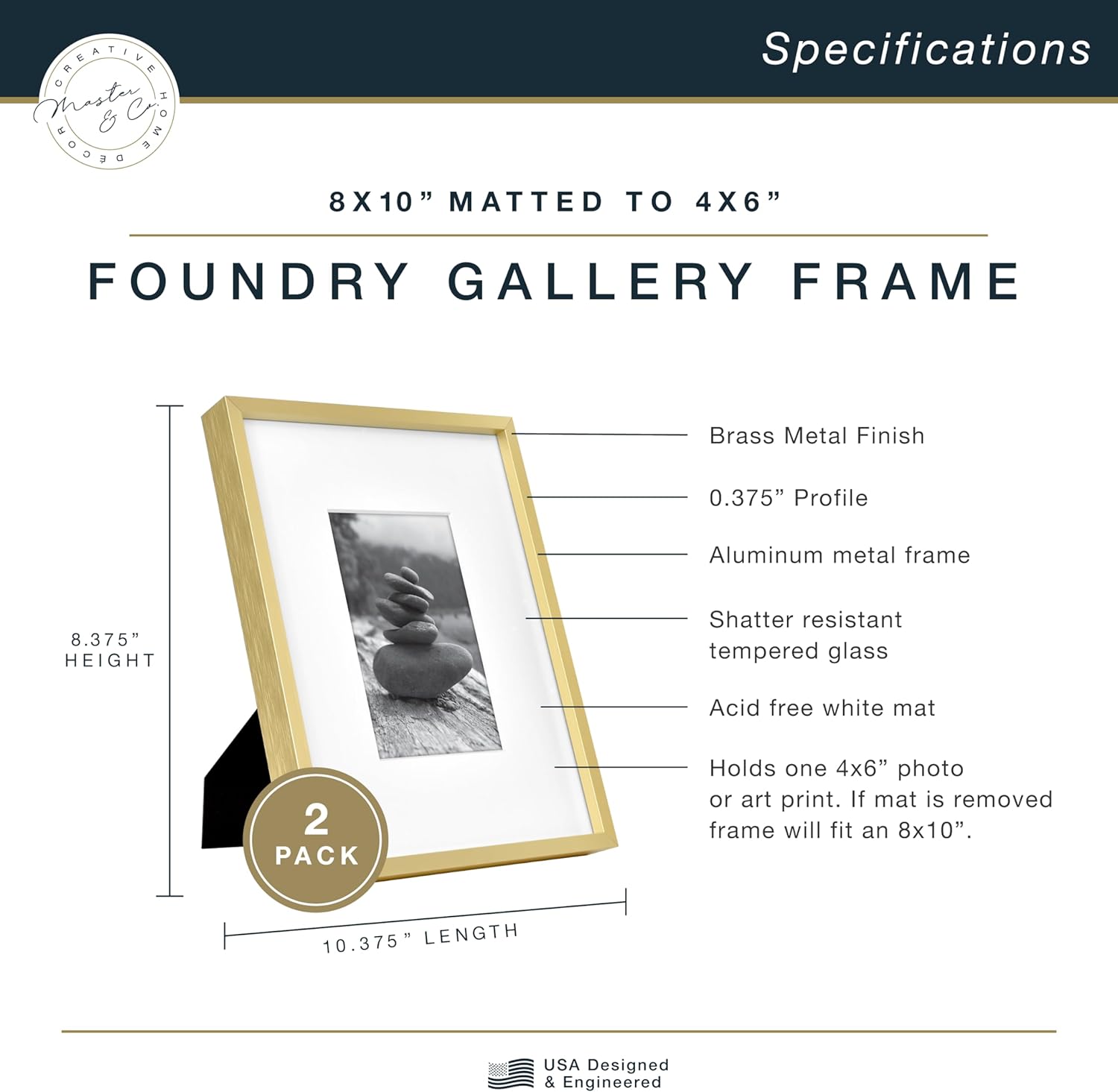 MCS Foundry Metal 8x10 Picture Frame with Brass Finish 2-Pack