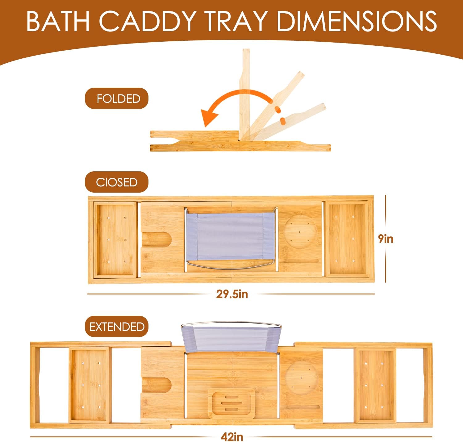 Beshof Foldable Bamboo Bathtub Tray with Holder